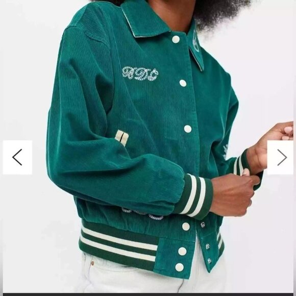 BDG Delia Corduroy Embroidered Varsity Jacket SZ XS Green - Picture 1 of 12